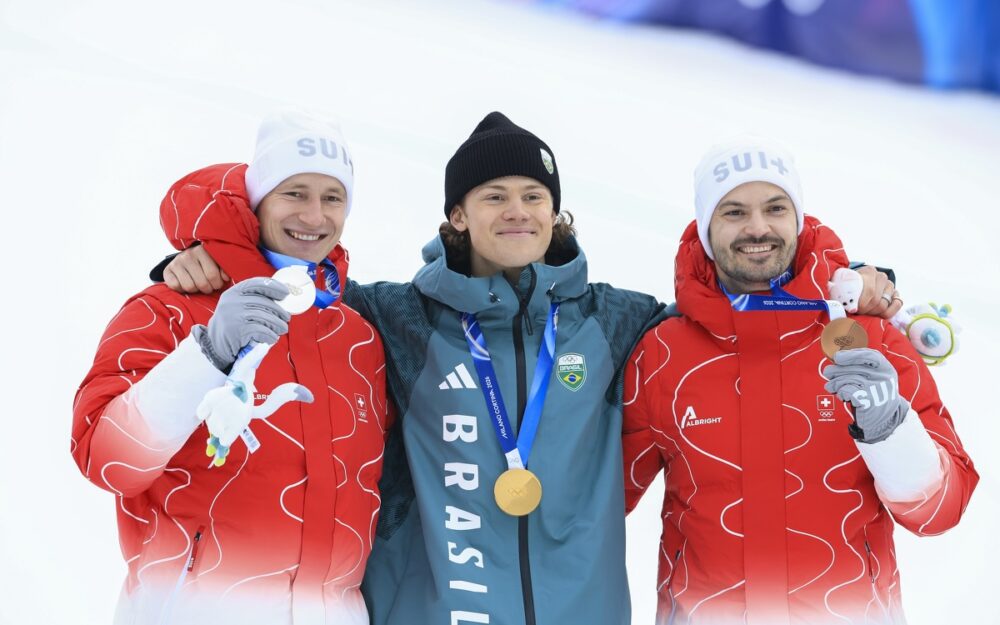 Marco Odermatt, Lucas Pinheiro Braathen und Loic Meillard. – Foto: GEPA pictures