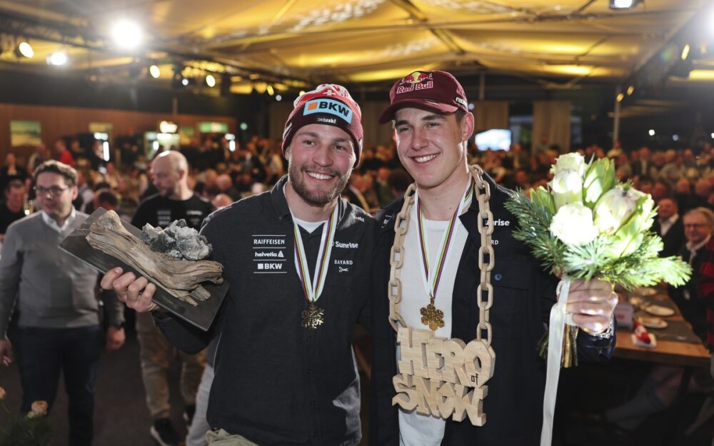 Ski-WM: Die Schweizer Abfahrer legen die Spur zu den Medaillen Alexis Monney (1.) und Franjo von Allmen (2.) haben in der Abfahrt der Team-Kombination vorgelegt. – Foto: GEPA pictures