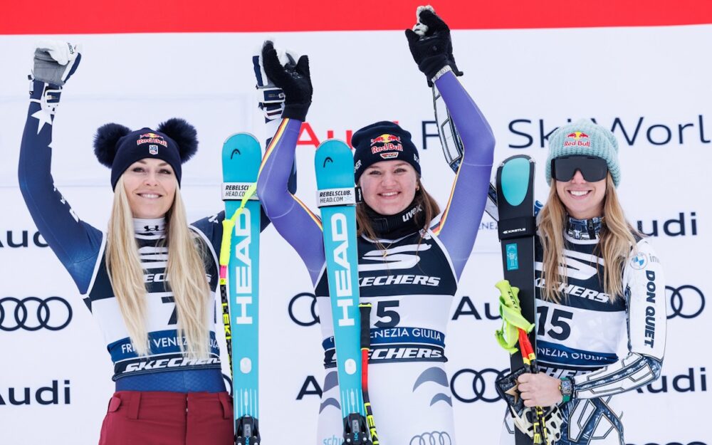 Lindsey Vonn, Emma Aicher und Ester Ledecka (vl.). – Foto: GEPA pictures