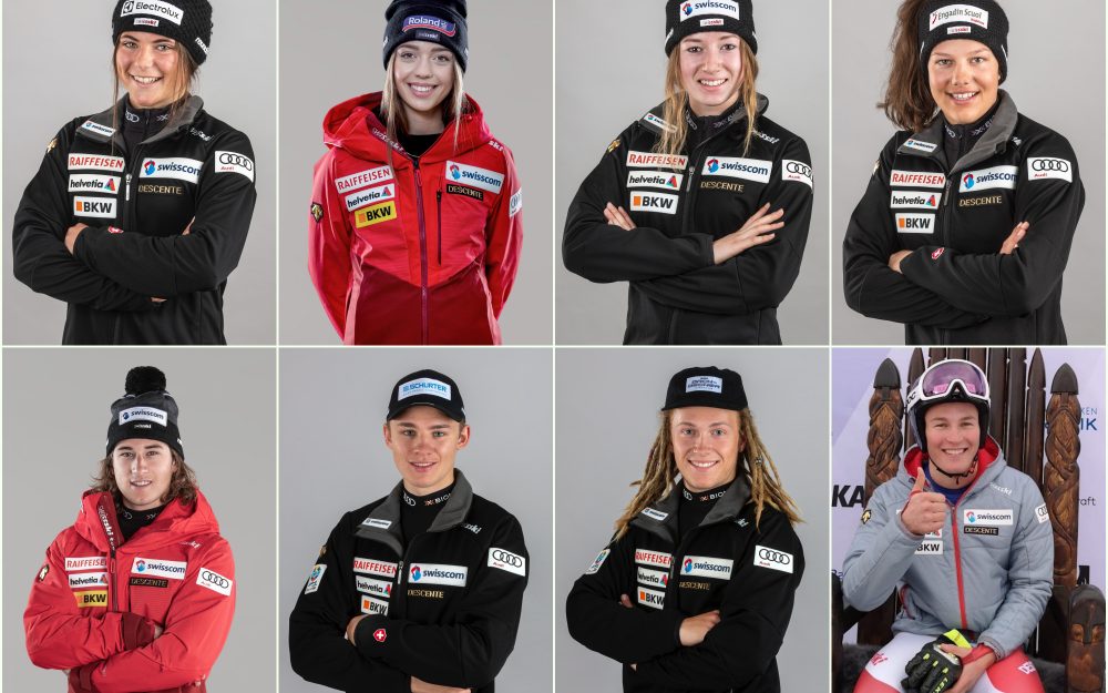 Diese acht Athletinnen/Athleten vertreten Swiss Ski an der Junioren-WM Delia Durrer, Amelie Klopfenstein, Delphine Darbellay, Selina Egloff (oben v.l.), Nick Spörri, Joel Lütolf, Fadri Janutin und Alexis Monney (unten v.l.) sind für die Junioren-WM aufgeboten. – Fotos: Swiss Ski