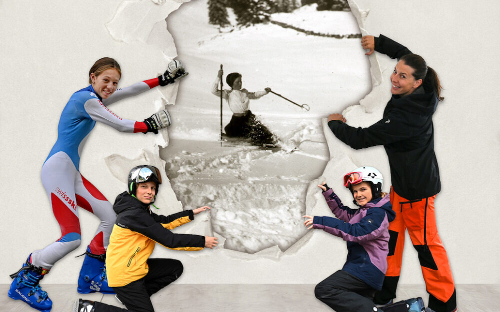 Engelberg feiert den Schneesport gleich mit zwei Ausstellungen Michelle Portmann, Ben und Lea Amstutz und Olympiasiegerin Dominique Gisin. – Fotos: Beat Christen / Willy Amrhein / Montage: Kreativhang