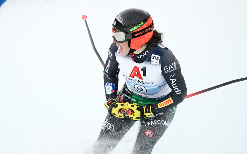 Federica Brignones Risiko mit dem Sieg belohnt Federica Brignone – der Schrei der Erlösung kurz nach der Zieldurchfahrt. – Foto: GEPA pictures