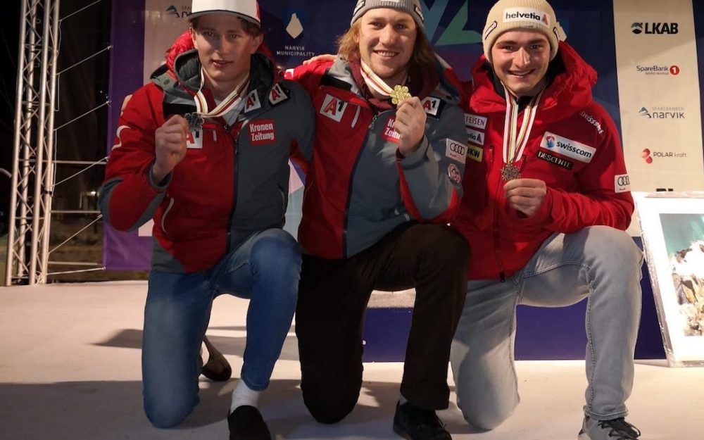 Junioren-WM: Super-G-Gold für Stefan Rieser Stefan Rieser holt sich den WM-Titel im Super-G, Silber geht an Armin Dornauer (links) und Bronze an Yannick Chabloz (rechts). – Foto: GEPA pictures