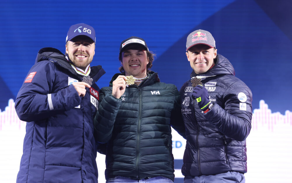 Super-G-Gold nach Kanada – James Crawford sorgt für die Überraschung Aleksander Aamodt Kilde, James "Jack" Crawford und Alexis Pinturault (v.l.). – Foto: GEPA pictures