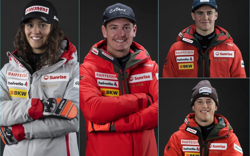 Jasmin Mathis, Philipp Kälin, Jack Spencer (rechts oben) und Gabin Janet (rechts unten) sind für die Sporthilfe-Nachwuchspreise nominiert. – Fotos: Swiss Ski