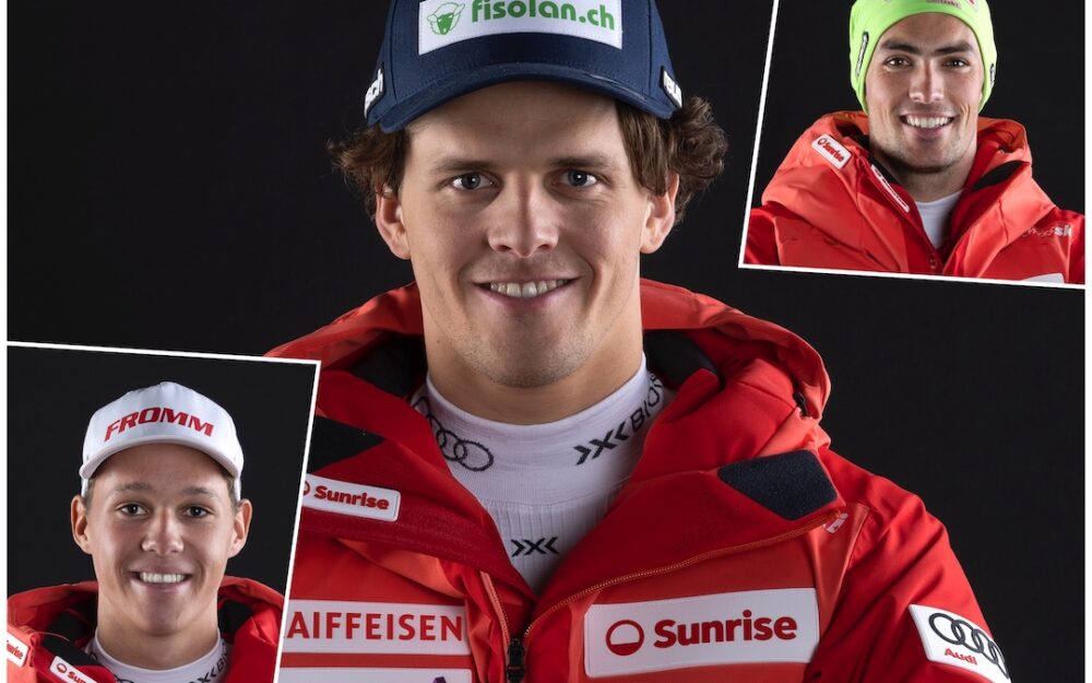Noel von Grünigen (Mitte), Rego Mächler (links) und Daniel Yule sorgten in Levi für Podestplätze. – Fotos: Swiss Ski