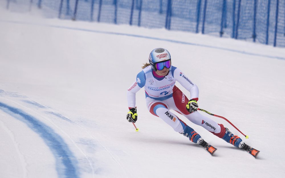 Amelie Dupasquier beim Super-G an der Universiade in Krasnoyarsk. – Fotos: Swiss University Sports / Maria Schmid