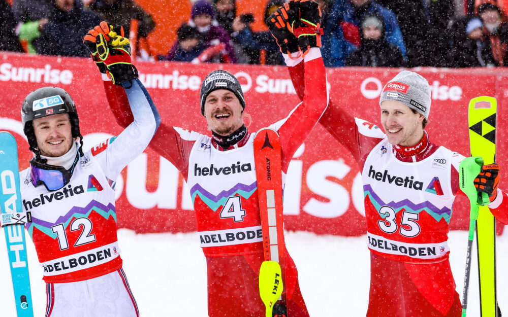 Atle Lie McGrath, Manuel Feller und Dominik Raschner (v.l.). – Foto: GEPA pictures