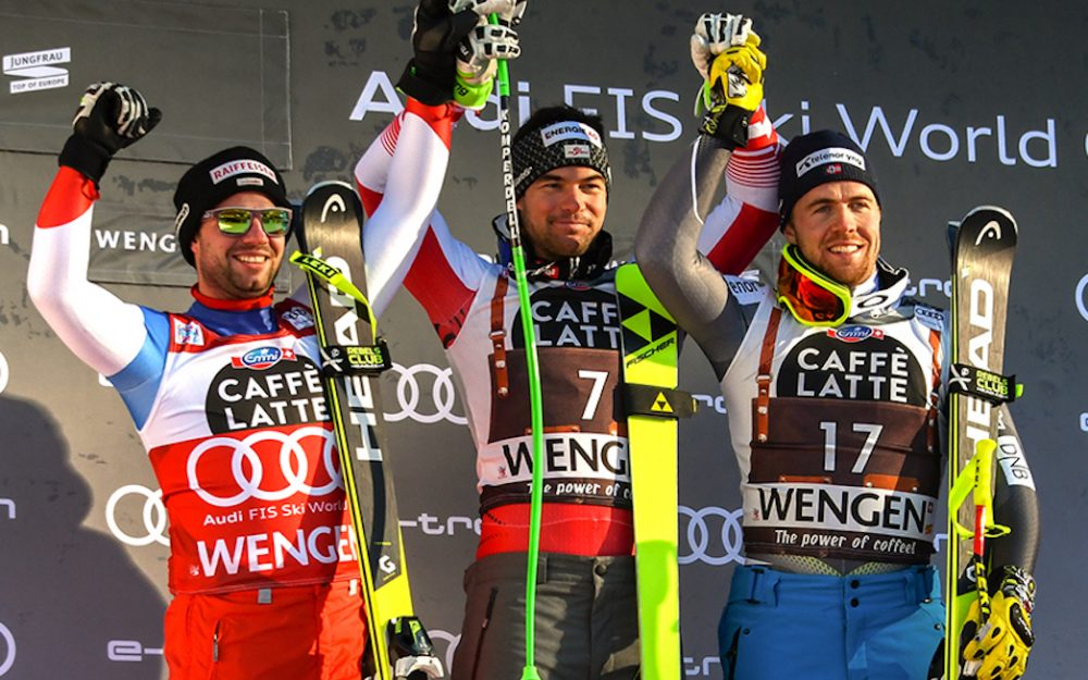 Vincent Kriechmayr mit seinem (bisher) grössten Sieg Vincent Kriechmayr (Mitte), Beat Feuz (links) und Aleksander Aamodt Kilde lassen sich feiern. – Foto: rk-photography