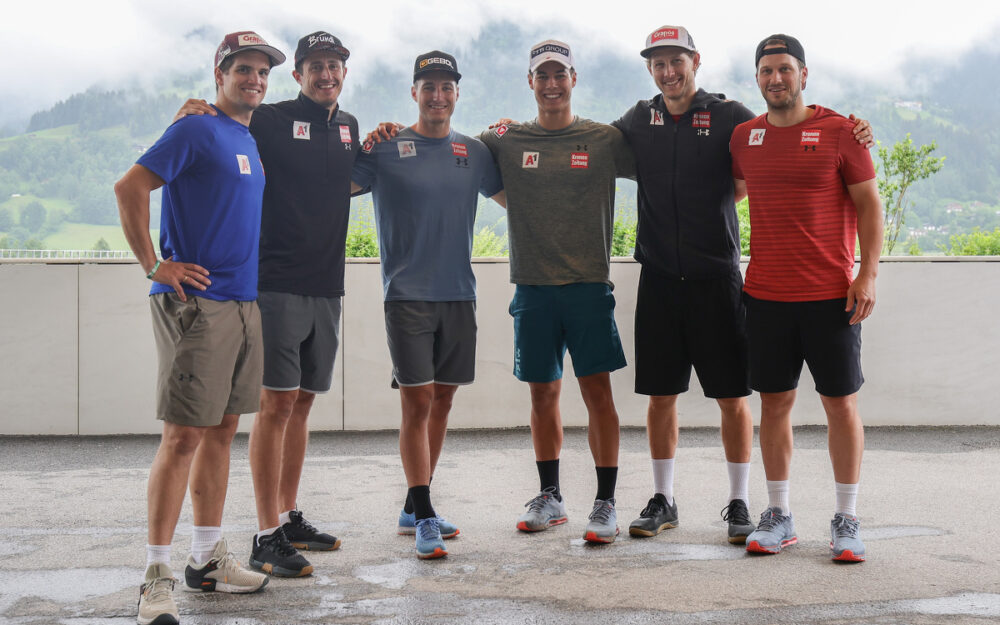 Roland Leitinger, Stefan Brennsteiner, Patrick Feurstein, Lukas Feurstein, Dominik Raschner und Christian Hirschbühl bilden die Riesenslalom-Gruppe von Trainer Mike Pircher. – Fotos: GEPA pictures