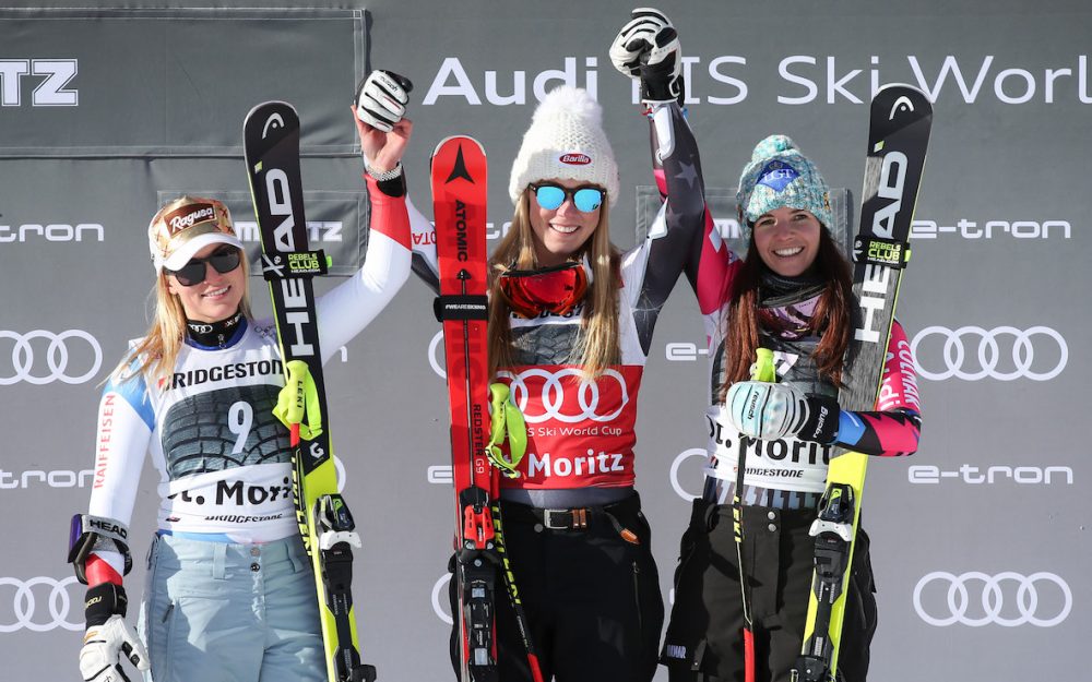 Freude bei Lara Gut-Behrami, Mikaela Shiffrin und Tina Weirather (v.l.). – Foto: GEPA pictures