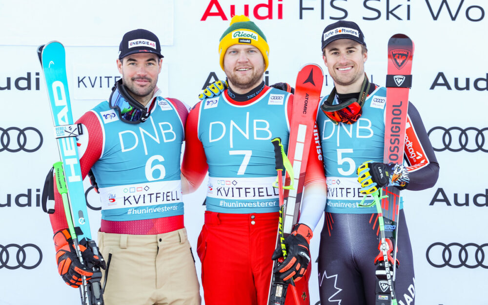 Vincent Kriechmayr, Niels Hintermann und Cameron Alexander bilden das Siegertrio von Kvitfjell. – Foto: GEPA pictures