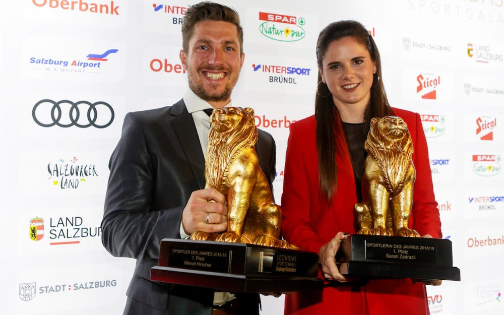 Marcel Hirscher und Fussballerin Sarah Zadrazil mit den goldenen Löwen. – Foto: GEPA pictures