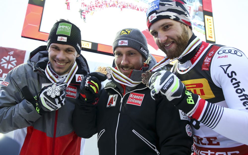 Michael Matt, Marcel Hirscher und Marco Schwarz – dreifacher ÖSV-Triumph zum WM-Abschluss. – Foto: GEPA pictures