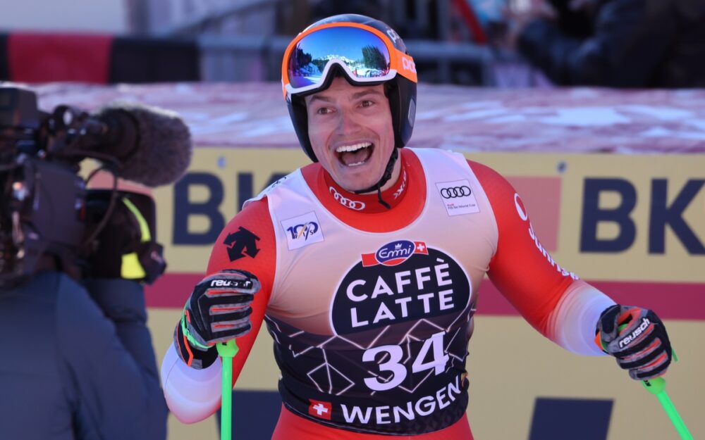 Josua Mettler (nach seinem ersten Top-15-Resultat im Weltcup in der Abfahrt am Lauberhorn im Januar 2024). – Foto: GEPA pictures