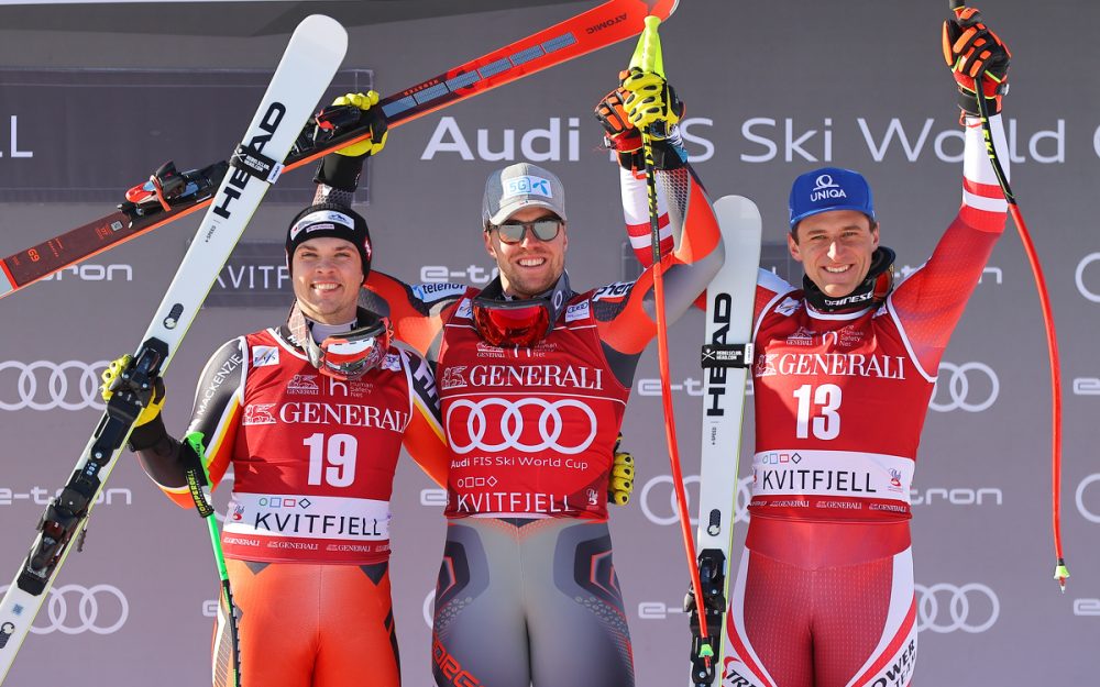 Freude bei James Crawford, Aleksander Aamodt Kilde und Matthias Mayer (v.l.) über die Podestplätze. – Foto: GEPA pictures