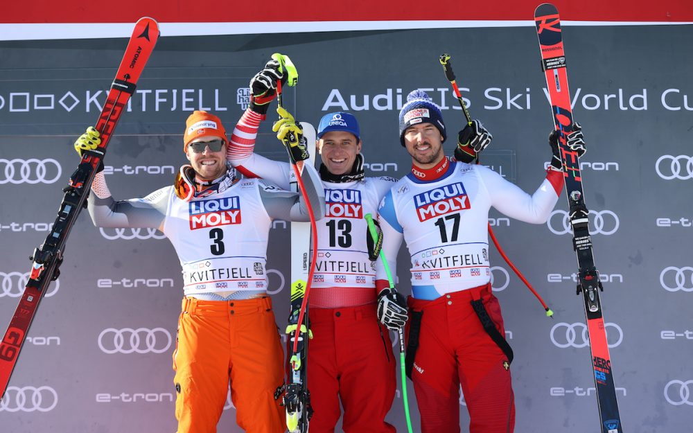 Matthias Mayer verhindert die norwegische Party Jubel mit der 13: Matthias Mayer feiert in Kvitfjell mit Alkesander Aamodt Kilde (links) und Carlo Janka seinen vierten Saisonsieg. – Foto: GEPA pictures
