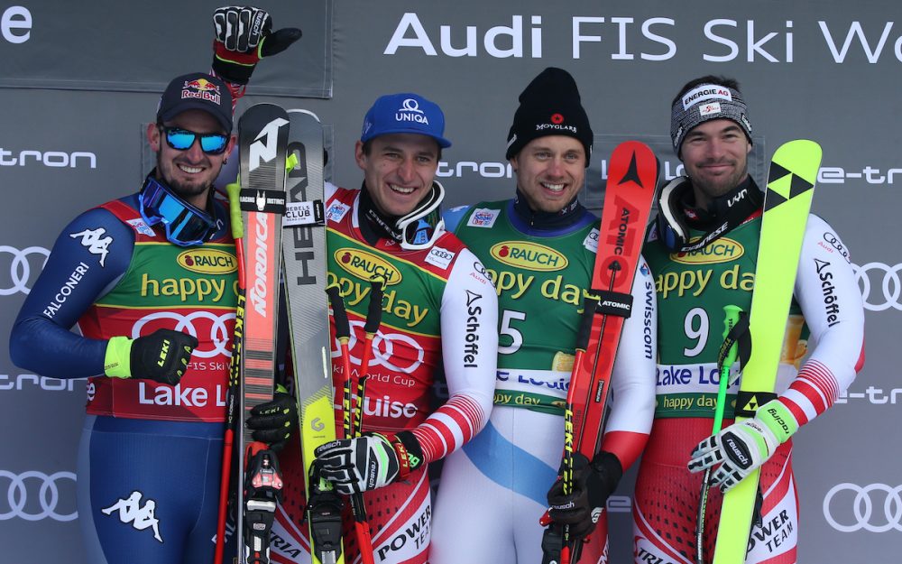 Mayer sorgt für den Befreiungsschlag für Österreich Dominik Paris, Matthias Mayer, Mauro Caviezel und Vincent Kriechmayr (v.l.) freuen sich über die Podstplätze. – Foto: GEPA pictures