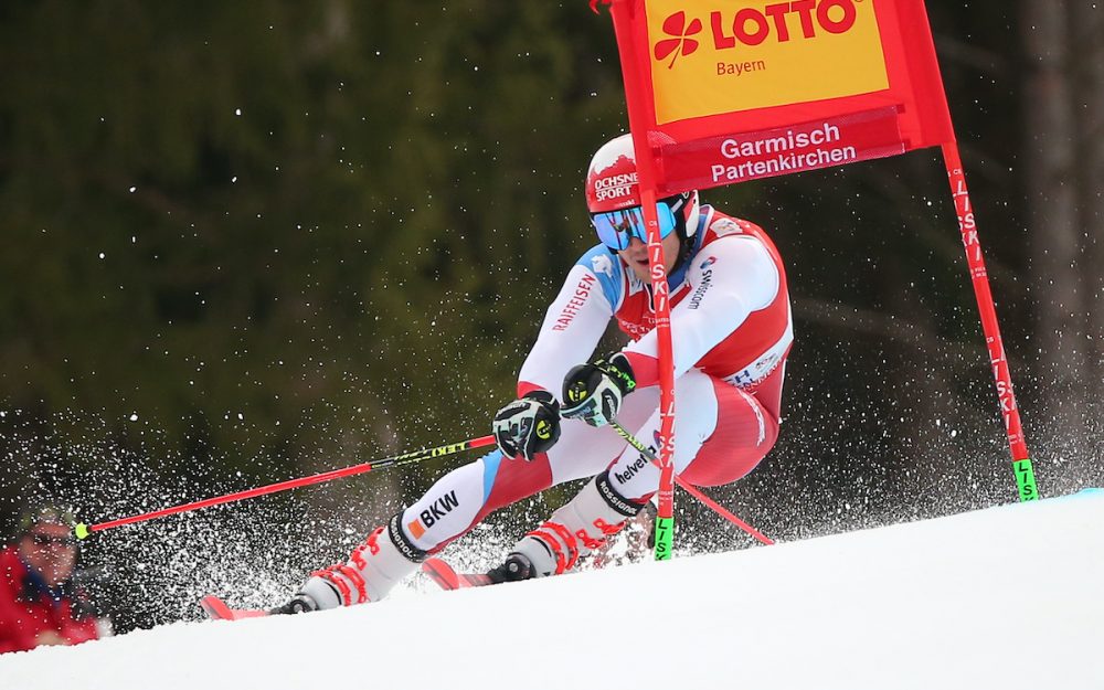 Loic Meillard geht als Leader in die Pause von Garmisch Loic Meillard unterwegs zur Bestzeit im Riesenslalom von Garmisch-Partenkirchen. – Foto: GEPA pictures