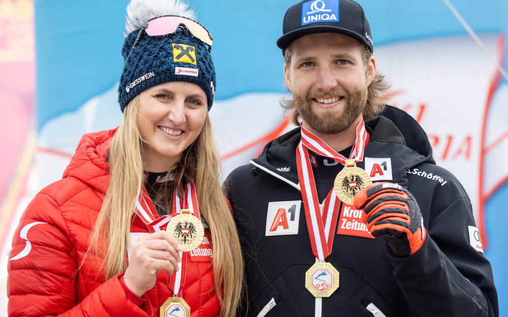 Österreichs Super-G-Titel gehen an Marco Schwarz und Nina Ortlieb Nina Ortlieb und Marco Schwarz sichern sich die österreichischen Staatsmeister-Titel im Super-G. – Foto: GEPA pictures