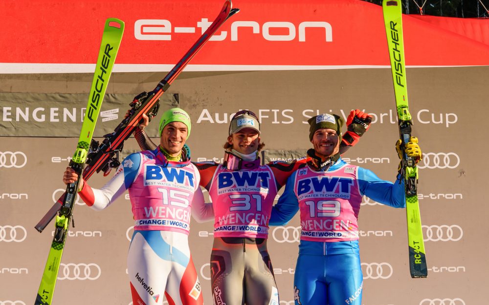 Daniel Yule, Lucas Braathen und Giuliano Razzoli freuen sich über ihre Podestplätze in Wengen. – Fotos: rk-photography.ch