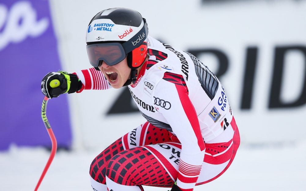 Grün – der Jubelschrei von Nicole Schmidhofer im Ziel von Garmisch-Partenkirchen. – Foto: GEPA pictures