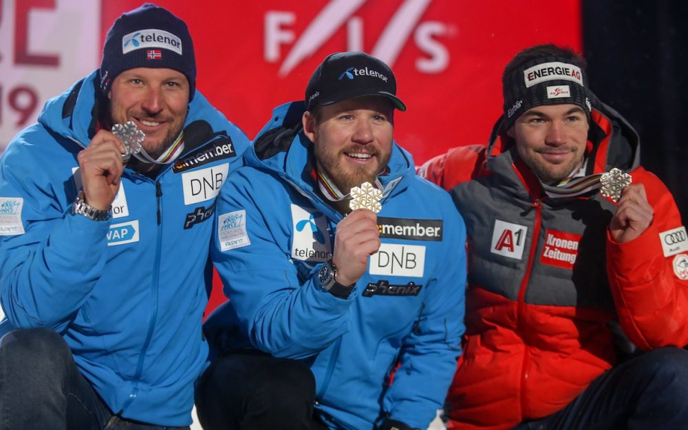 Das Abfahrtspodest von Are (v.l.): Aksel Lund Svindal, Kjetil Jansrud, Vincent Kriechmayr.. – Foto: GEPA pictures