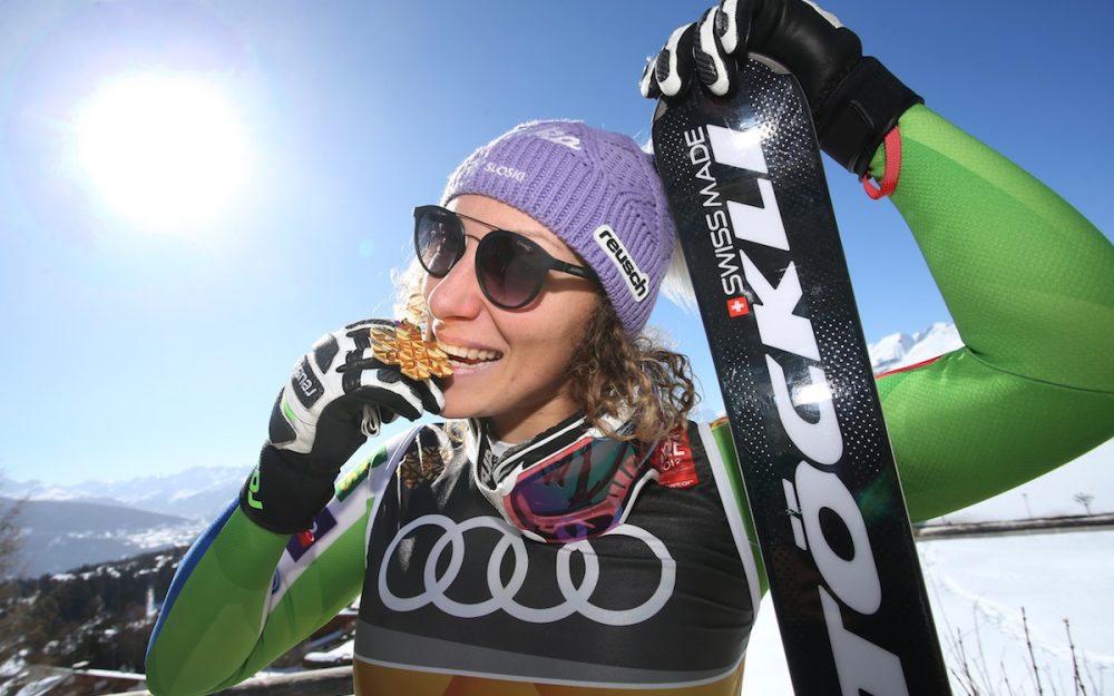 Ilka Stuhec hat Appetit auf mehr Ilka Stuhec mit dem in Are gewonnenen WM-Gold. – Foto: GEPA pictures