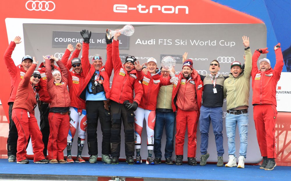 Die Swiss-Ski-Männer freuen sich über den Sieg im Nationencup (Männer) 2021/22. – Foto: GEPA pictures