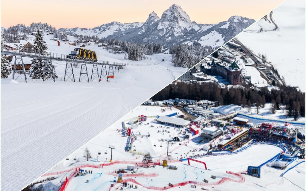 Die alpinen Skirennen werden zum Teil vom Stoos (links) nach St. Moritz (rechts) verlegt. – Fotos: www.winteruniversiade2021.ch