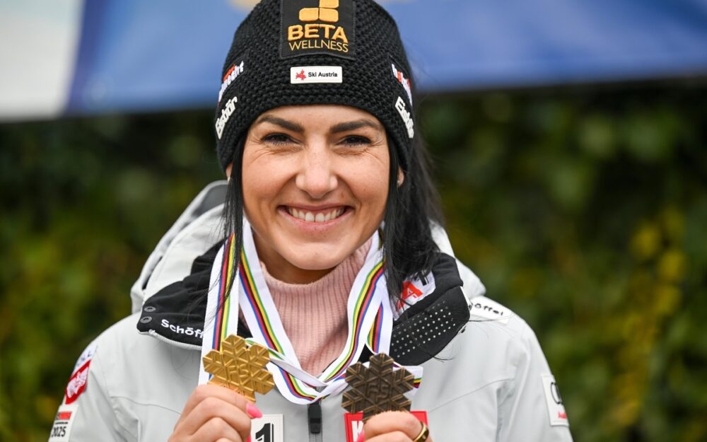 Entscheidung naht: Stephanie Venier – die Zeichen stehen auf Abschied Stephanie Venier holte bei den Weltmeisterschaften in Saalbach Gold im Super-G und Bronze in der Team-Kombi. – Foto: GEPA pictures
