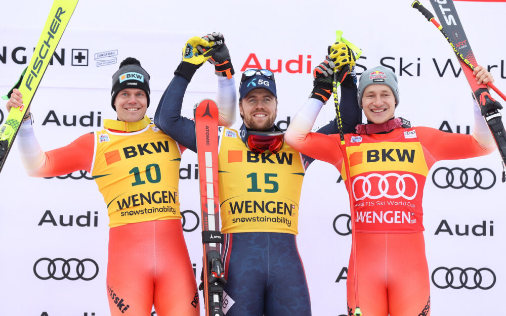 Stefan Rogentin, Aleksander Aamodt Kilde und Marco Odermatt (v.l.) waren die Schnellsten. – Foto: GEPA pictures