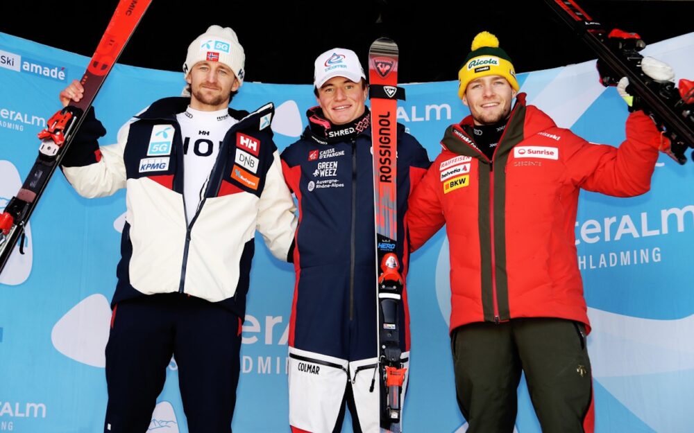 EC: Eric Wyler fährt auf der Reiteralm erstmals aufs EC-Podest Rasmus Windingstad, Alban Elezi Cannaferina und Eric Wyler (v.l.). – Foto: GEPA pictures