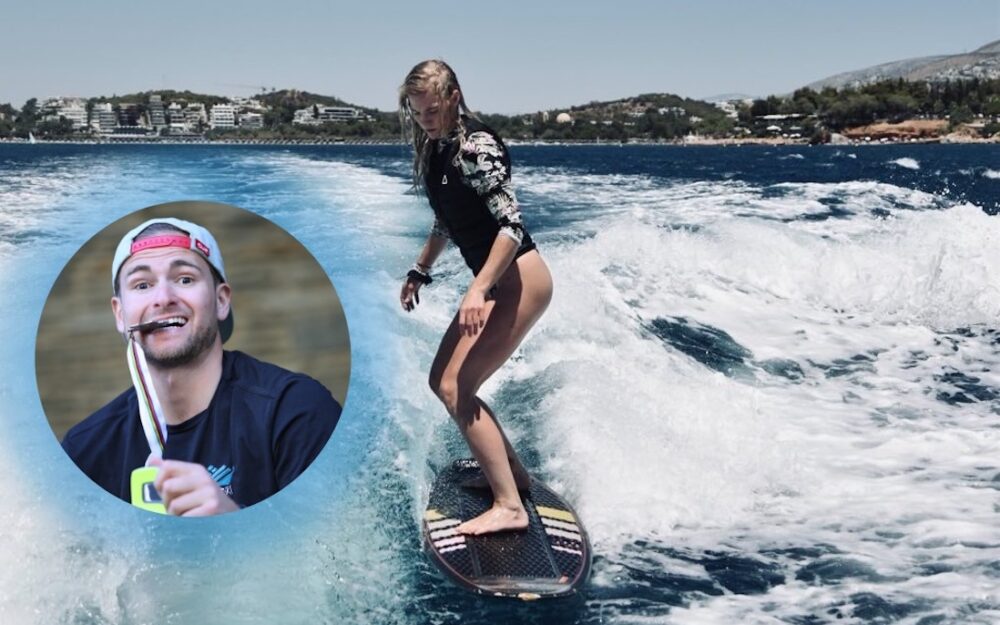 Ski-Paar turtelte in Griechenland Christina Födermayr (beim Surfen in Vouliagmeni) und AJ Ginnis (kleines Bild) haben sich gefunden. – Foto: GEPA pictures / Instagramm Foedermayr