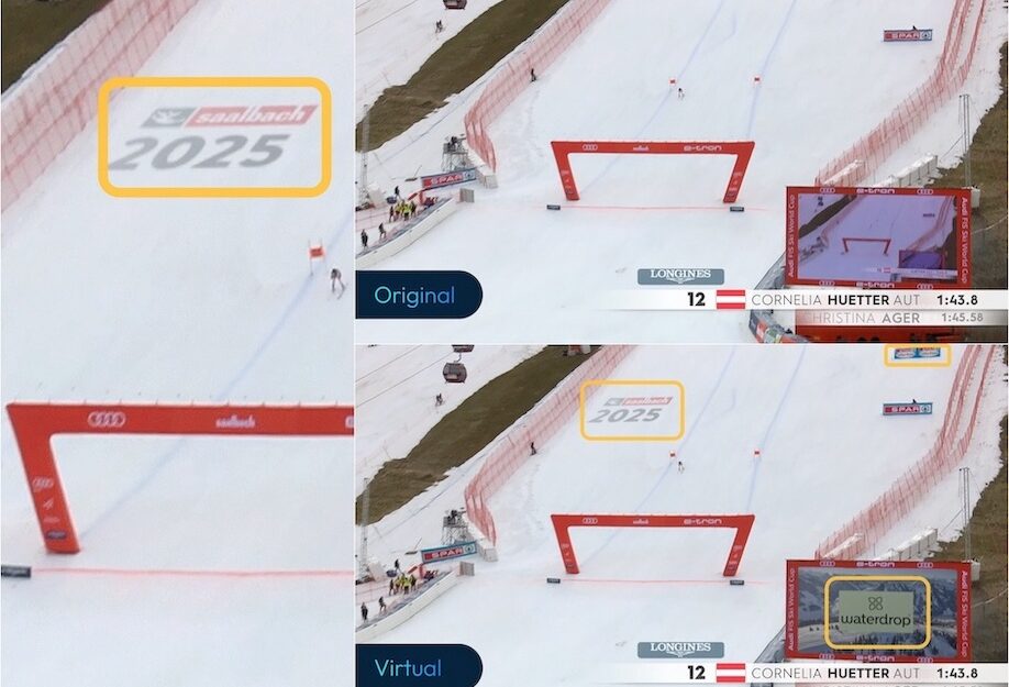 Virtuelle Werbung (gelb umrahmt) für das TV-Publikum im Skiweltcup. – Foto: zvg Ski Austria / Screenshot ORF
